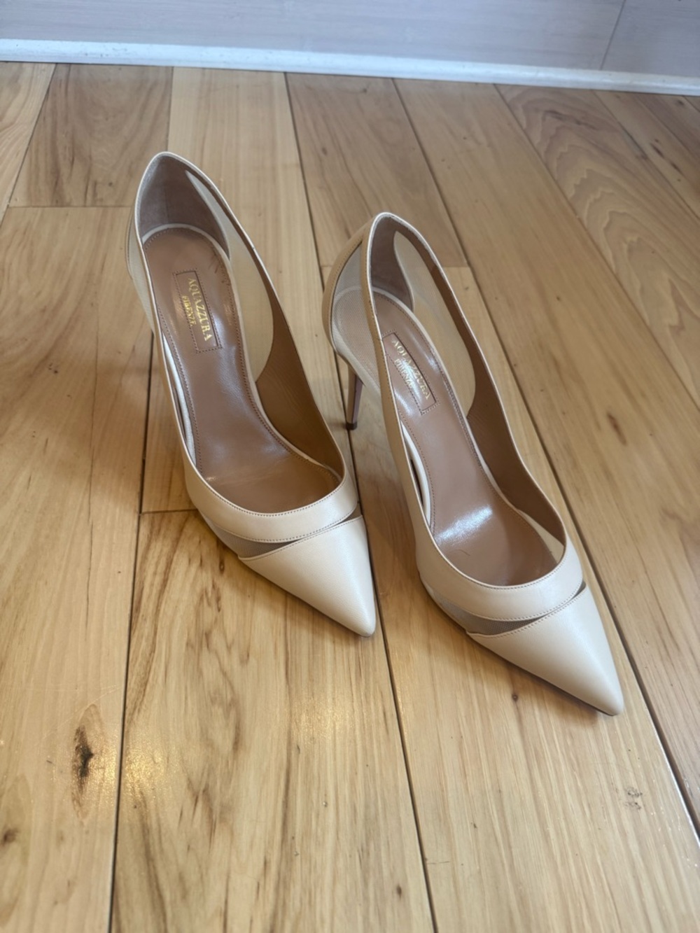 Aquazzura Ivory Pointed-Toe Mesh Panel Stiletto Pumps - Picture 13 of 15